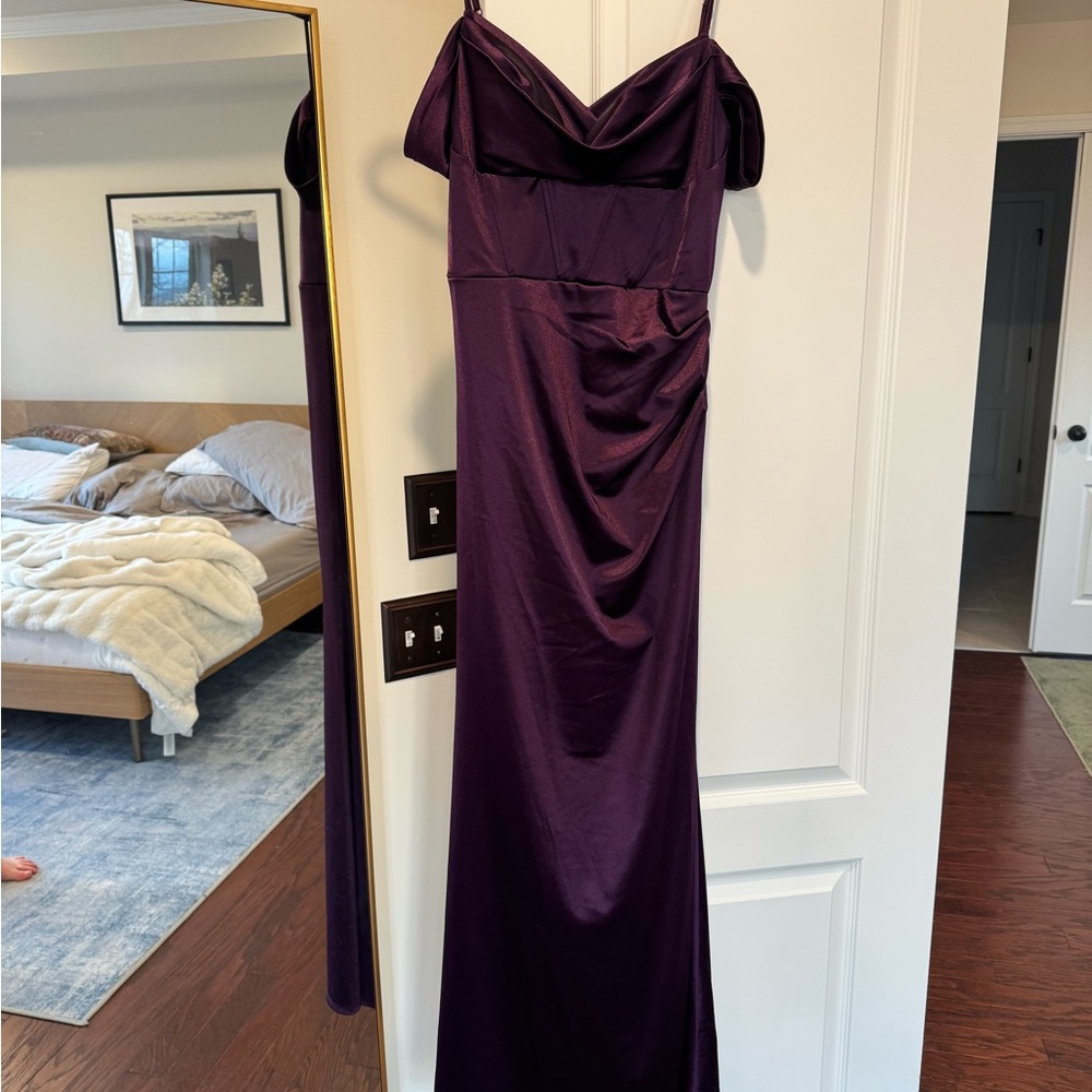Elegant Purple Satin Off-Shoulder Evening Dress